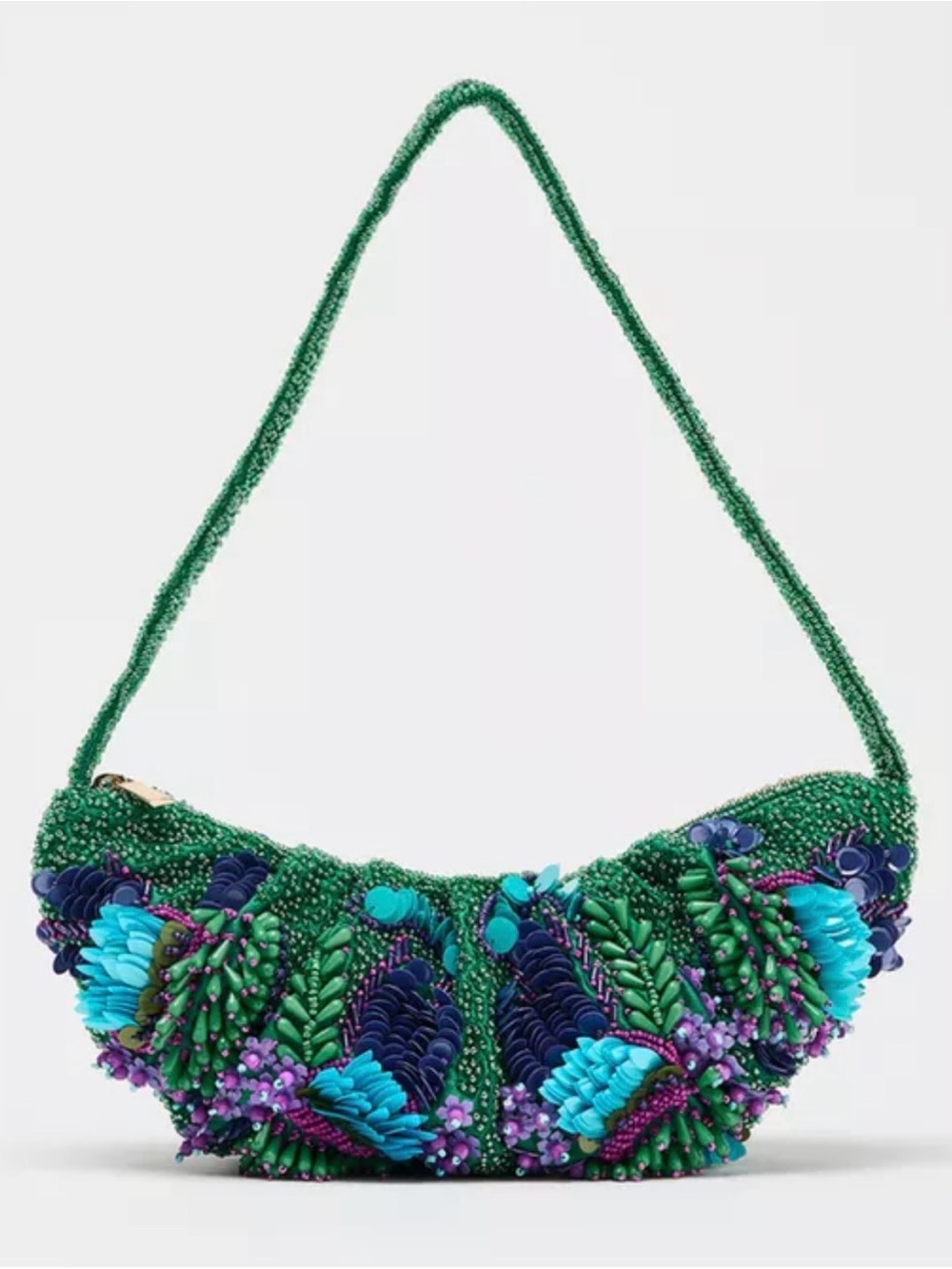 Zara Green Beaded Floral Embellished Shoulder Bag